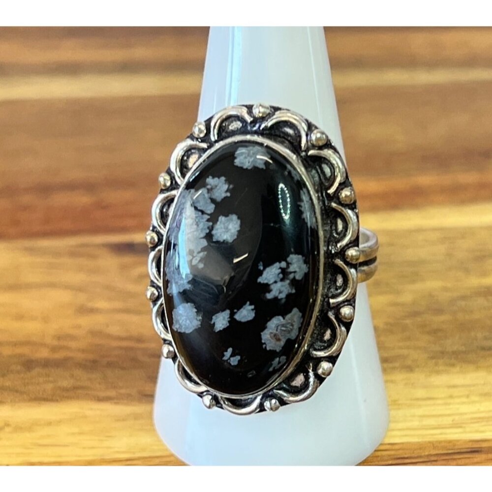 Artisan sterling silver ring natural oval snowflake obsidian gemstone size 10